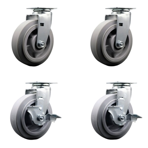 6 Inch Thermoplastic Rubber Swivel Caster Set with Roller Bearings 2 Brakes